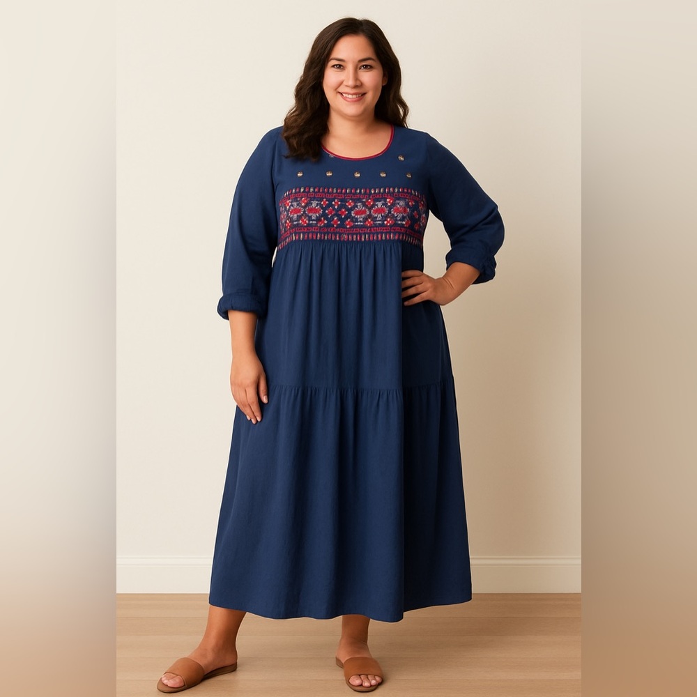 Elegant Blue‎ Maxi Dress Pink Floral Embroidery Flowy Ankle Length Special Event